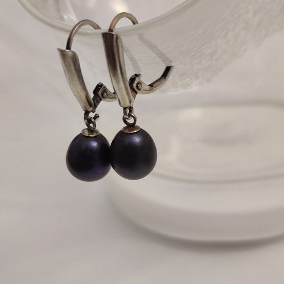 Genuine Black Pearls Dangling Silver 925 Earrings - Picture 5 of 12